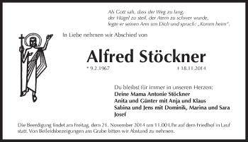 Traueranzeige von Alfred Stöckner von Pegnitz-Zeitung